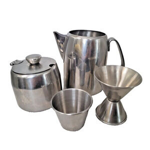 Vintage Sunnex 18-8 Tea Set Stainless Steel Pot Creamer Sugar Bowl Bar Ware